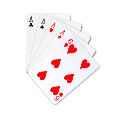 Türünün dördü, kağıt oynuyor, beyaz bir arka planda izole edilmiş. Poker elleri. Tasarım elemanı. Kağıt oynuyorum. Arkaplan.