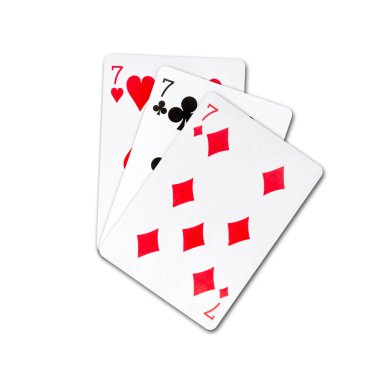 Üç yedili, iskambil kağıtları, beyaz bir arka planda izole edilmiş. Poker elleri. Tasarım elemanı. Kağıt oynuyorum. Arkaplan.