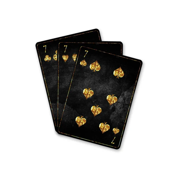 Three Sevens Vintage Playing Cards Isolated White Background Poker Hands — Fotografia de Stock