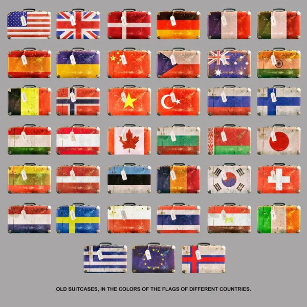 Set Old Suitcases Colors Flags Different Countries Isolated Gray Background — Φωτογραφία Αρχείου