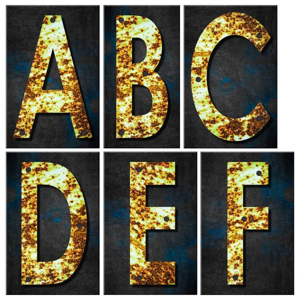 Set Letters Alphabet Letters Rusty Iron Wooden Plank Isolated White — Stock Fotó