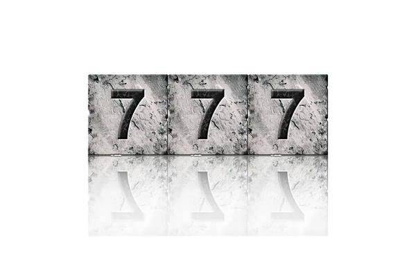 777 Three Sevens Digits Stone Blocks Reflection Isolated White Background — Stock Photo, Image