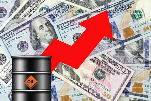 Concept Rising Oil Prices Barrel Oil Graph Arrow Gray Background — 图库照片