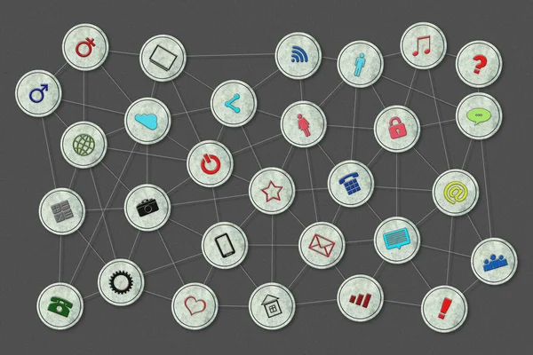 Social media concept. Social icons on round stones connected by lines on a gray background. Communication. Background.