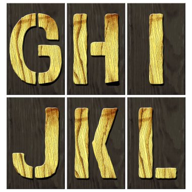 Set, letters G, H, I, J, K, L. Alphabet made of letters, made of wood, on a dark wooden plank. Isolated on white background. Education. Design element.