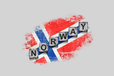 Norway, words on stone blocks, on grunge background of Norway flag. Isolated on white background. Design element. Signs and symbols.Countries.