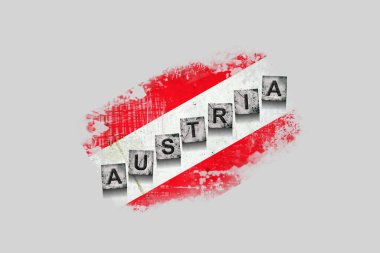 Austria, words on stone blocks, on grunge background of Austria flag. Isolated on white background. Design element. Signs and symbols.Countries.