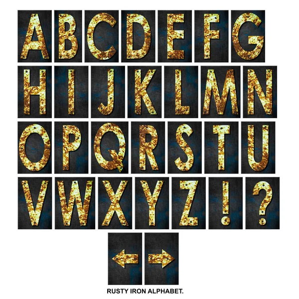 Kit Alphabet Letters Rusty Iron Wooden Plank Isolated White Background — Stock Photo, Image