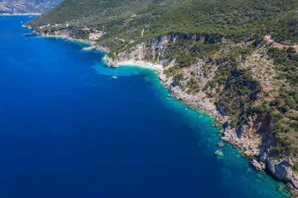 Aerial Drone Photo Iconic Paradise Sandy Beach Agiofili Port Vasiliki — Stock Photo, Image