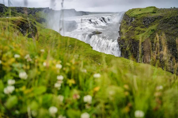 Gullfoss Más Néven Golden Falls Vízesés Zöld Lombozat Előtérben Izland — Stock Fotó