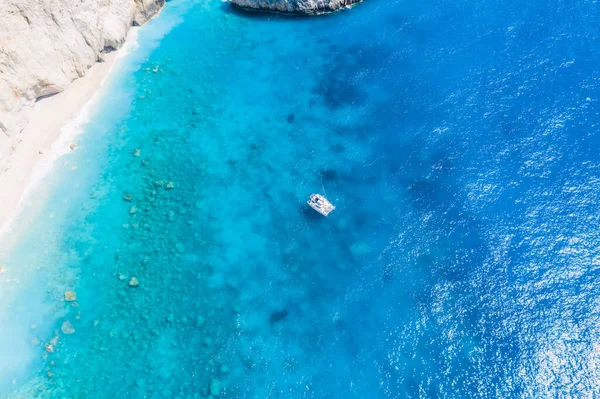 Fotografias Aéreas Famosa Localização Turística Praia Paradisíaca Lefkada Grécia Barco — Fotografia de Stock