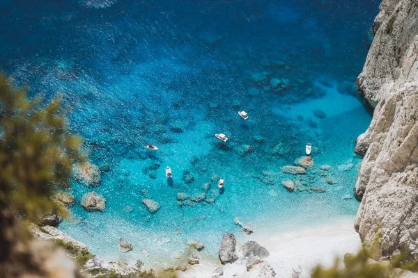 Pleasure Boats Anchored Mizithres Cliff Rock Zakynthos Ionian Island Greece — Stock Photo, Image