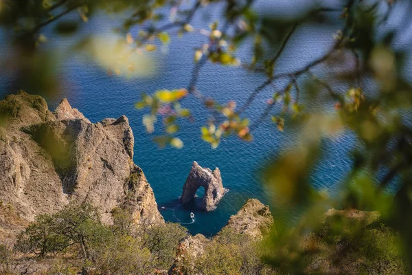 Top view of the Golden Gate rock in Karadag Black sea in Crimea, Russia. Autumn fall season.