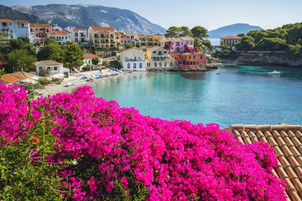 Assos Cephalonia Kefalonia Ionian Szigeten Görögországban Élénk Rózsaszín Virág Előtérben — Stock Fotó