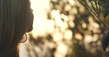 Gün batımında parlayan güneş ışığına karşı küpe yüzüklü aşırı yakın bir kadın kafası. Kadın akşam güneşinin tadını çıkarıyor. Arka planda bulanık bokeh güneş parıltısı yansıdı. Tatil Tatil Zamanı