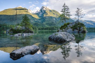 Watzmann Dağı tepelerinin yansımasıyla Hintersee Gölü. Ramsau Berchtesgaden Bavyera, Almanya, Avrupa.