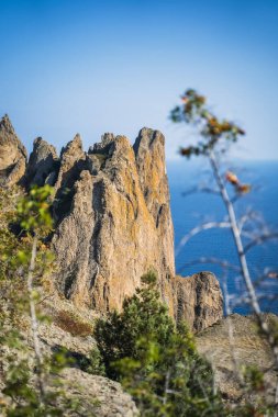 Koktebel Kırım 'daki Karadağ volkanik oluşum denizi yakınlarındaki sarp kayalıklar.