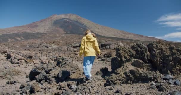 Teide, Tenerife, Islas Canarias, España. Mujer joven caminando a lo largo de la arena volcánica entre rocas de lava en un enorme cráter del volcán Teide — Vídeos de Stock