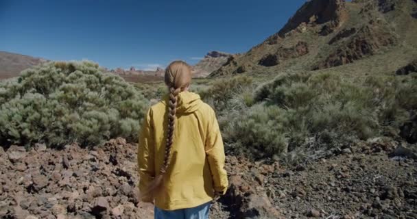 Teide, Tenerife, Kanarya Adaları, İspanya. Genç bir kadın volkanik kum boyunca volkanik volkan kraterinde lav kayaları arasında yürüyüş yapıyor. — Stok video