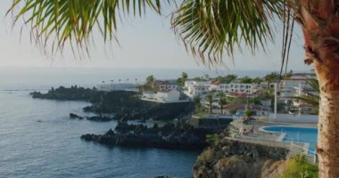 Deniz manzarası, doğal banyo alanları, balıkçı kasabası Alcala, Tenerife 'nin güney kıyısı, Kanarya Adaları, İspanya. Ön planda palmiye yaprakları.