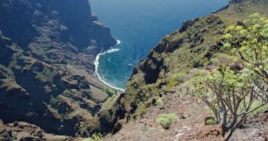 Masca, Tenerife. Taş plaj Masca yürüyüş yolunun sonundadır. Masca Gorge yürüyüş yolu olan ünlü bir turistik yerdir. Hiç kimse. Dağların tepesinden Masca Vadisi 'ne bak..