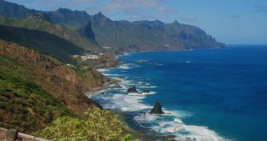 Playa del Roque de las Bodegas, north of Tenerife, Spain. Green coastline, Atlantic Ocean and cute town or village Almaciga. Rocky coast and Almaciga beach in Tenerife, The Canaries. Spain. Scenic