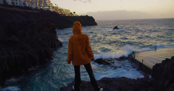 Woman Enjoying Ocean View Dusk Twilight Storm Wind Weather Waves — 图库视频影像