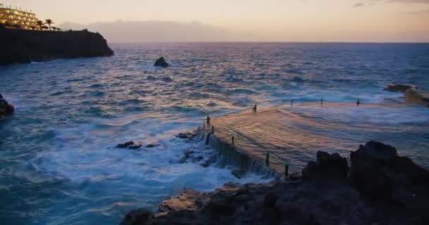 Woman Enjoying Ocean View Dusk Twilight Storm Wind Weather Waves — Stockvideo