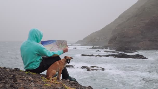 Traveler Dog Holding Map Front Powerful Waves Splashing Rocky Coastline — 비디오