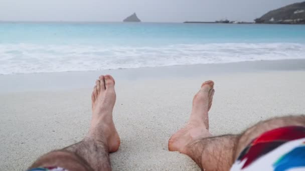 Mans Feet Sandy Beach Vacation Relaxation Concept Beach Holidays Background — Video
