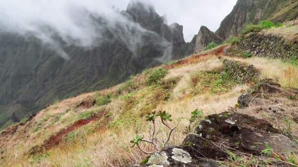 Nebelschwaden Ziehen Über Ihre Berggipfel Erstaunliche Berglandschaft Tal Santo Antao — Stockvideo
