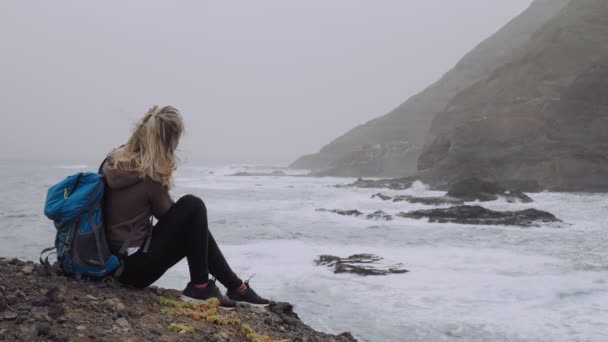 Tourist Female Admiring Powerful Waves Splashing Rocky Coastline Huge Volcanic — Stock videók