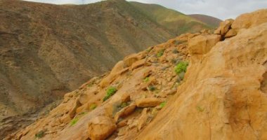 Fuerteventura Canary Islands Spain. Arid dry desert mountains, empty valley, sparse vegetation in gorge. Trikking path Barranco de las Penitas. Slow motion. High quality 4k. Canyon. Nobody.