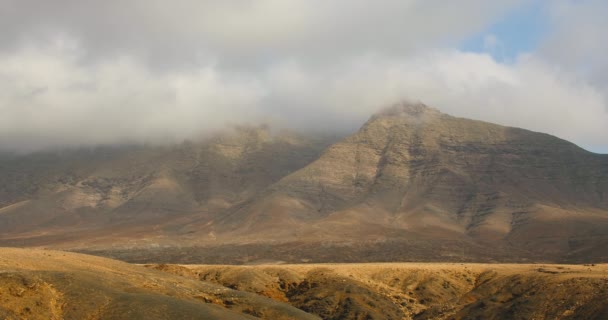 Peaks Massive Lifeless Mountains Covered Thick White Fog Clouds Sunrise — 图库视频影像