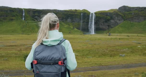 Sırt Çantalı Kadın Seljalandsfoss Şelalesi Zlanda Bakıyor — Stok video