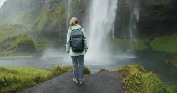Sarışın Kadın Güzel Seljalandsfoss Şelalesinin Önünde Kalır Zlanda — Stok video