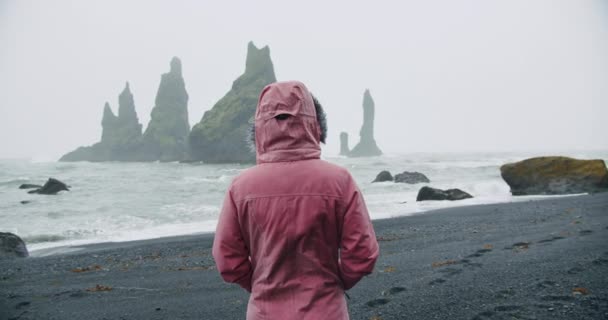 冰岛女游客在雨天沿着里尼斯法哈拉海滩或黑色沙滩散步 — 图库视频影像