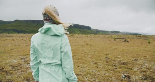 冰岛后看年轻迷人的女孩站在室外的火山场和背景的山地景观 — 图库视频影像