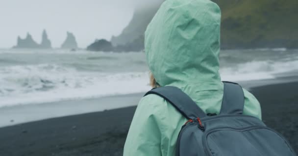 気分で緑のレインコートを着た女性雨の日は アイスランドの海でレイニスフィヨルドの海のスタック崖の形成を見て黒砂のビーチを訪問 — ストック動画