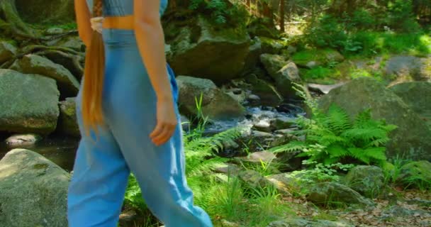 Genç Kadın Dağ Nehri Boyunca Yürüyor Doğanın Güzelliğinin Tadını Çıkarıyor — Stok video