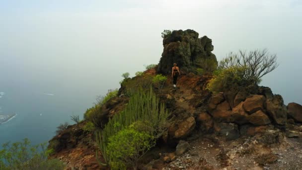 魅力的な女性の山の中を歩く かなりの女の子が崖の上のパスに沿って行く サボテンの茂み 岩の火山の風景です 美しい景色の中で頂上にアスリートの女性の空中シルエット アグジェロ — ストック動画