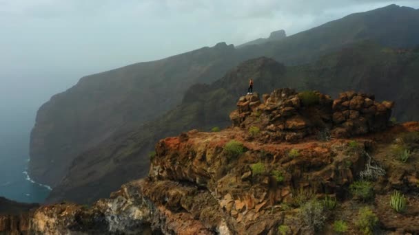 Γενναία Ισχυρή Γυναίκα Πεζοπόρος Στέκεται Στην Κορυφή Του Βουνού Γκρεμό — Αρχείο Βίντεο