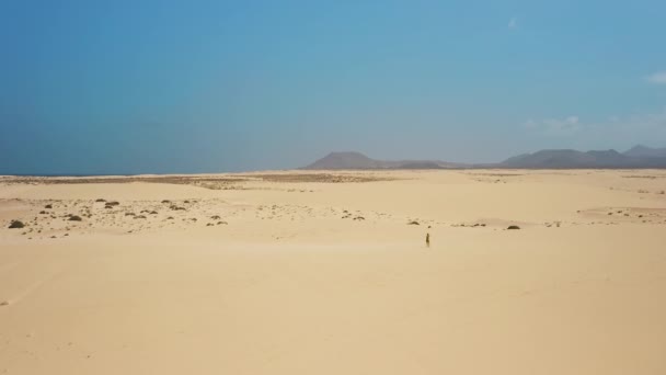 Воздушный Полет Над Белыми Песчаными Дюнами Пустыне Природном Парке Корралехо — стоковое видео