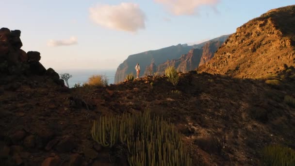 Mujer Disfruta Del Paisaje Natural Caminata Las Montañas Picos Acantilados — Vídeos de Stock