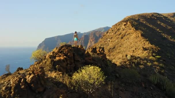 Турист Наслаждается Захватывающим Видом Горной Вершиной Вид Воздуха Скалы Крутые — стоковое видео