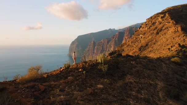 Woman Enjoys Nature Landscape Hike Mountains Aerial Cliff Peaks Tenerife — Stock Video