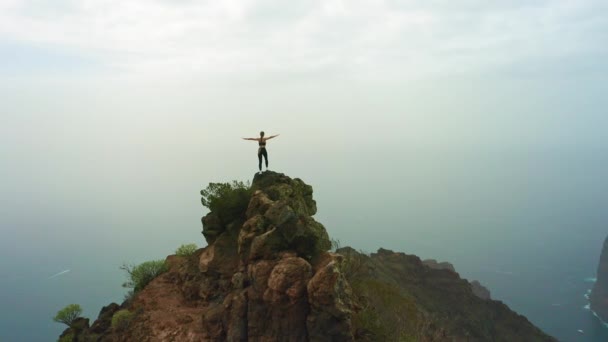 Cheering Freedom Woman Hiker Outstretching Her Arms Sunset Mountain Peak — Stock Video