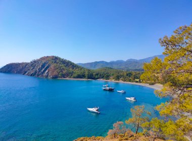 Antik Lycian şehri Phaselis 'teki taş plajı manzarası. Tarihi bir yer. Yerel nüfusun yeniden yaratılacağı yer.