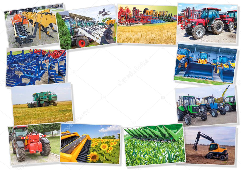Collage about farm, agriculture, farming. Concept of equipment readiness for agricultural work - for sowing and harvesting. Colorful tractors, cultivators, sprayers, disc harrows, combines
