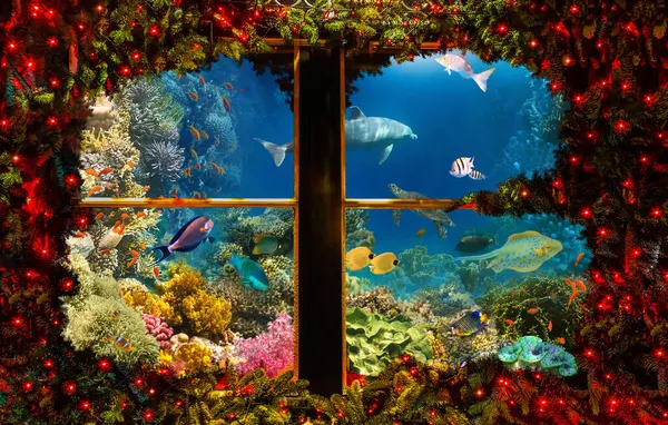 Collage Sobre Árbol Navidad Mundo Submarino Concepto Arrecife Coral Peces — Foto de Stock